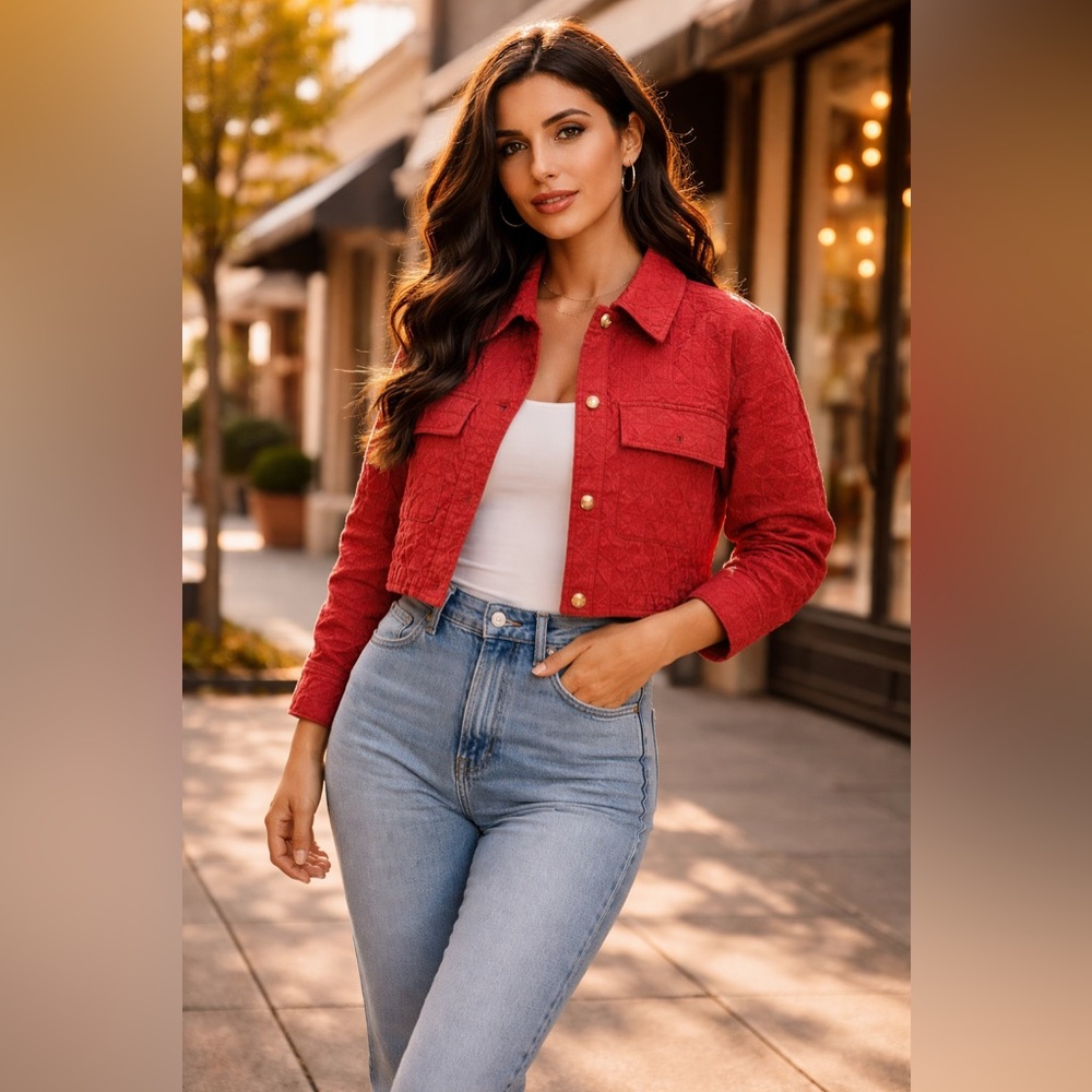 Privy Buckle Cropped Textured Jacket Red Medium Button Front Shacket Womens